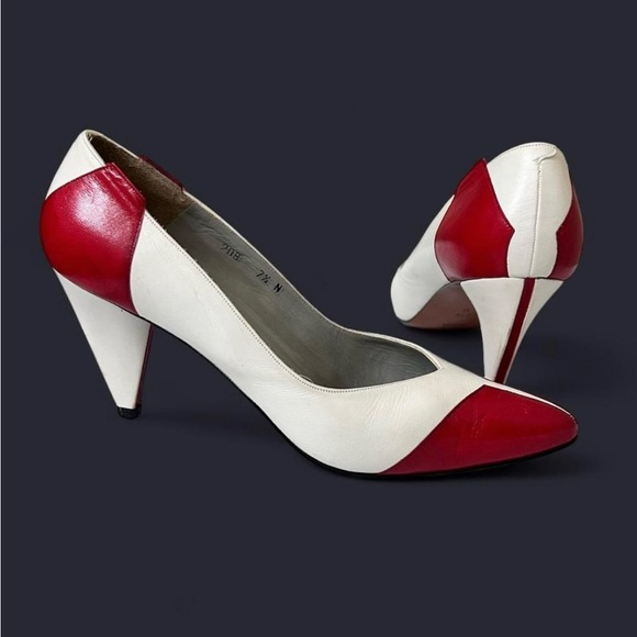 Vintage Women’s 1980s Red & White Leather Pointed Toe Cone Heel Pumps Size 7.5N - Picture 1 of 8